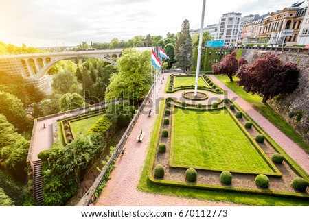 View form the constitution square on the park and Adolphe bridge in Luxembourg city