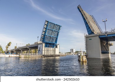 View of the Fort Lauderdale Intracoastal Waterway from a water taxi with a drawbridge ahead