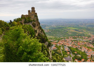 View of the fortress of San Marino on a cloudy day