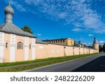 View of the fortress wall of Pokrovsky town from Sapernaya Street, Sofia district, Pushkin city (Tsarskoye Selo)St. Petersburg, Russia. The architect is Pokrov.