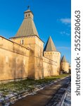 View of the fortress wall of Pokrovsky town from Sapernaya Street,  Pushkin city (Tsarskoye Selo), St. Petersburg, Russia. The architect is V.A Pokrovsky.