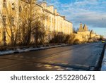 View of the fortress wall of Pokrovsky town from Sapernaya Street,  Pushkin city (Tsarskoye Selo), St. Petersburg, Russia. The architect is V.A Pokrovsky.