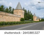 View of the fortress wall of Pokrovsky town from Sapernaya Street, Sofia district, Pushkin city (Tsarskoye Selo)St. Petersburg, Russia. The architect is Pokrovsky.