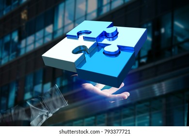 View Of  Four Puzzle Pieces Making A Logo On A Futuristic Interface - 3d Rendering