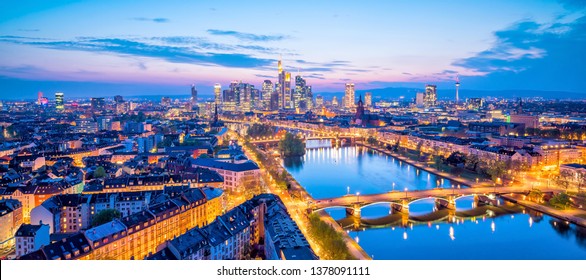 View of Frankfurt city skyline in Germany at twilight from top view - Shutterstock ID 1378091111