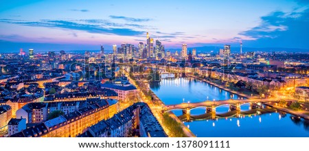 View of Frankfurt city skyline in Germany at twilight from top view
