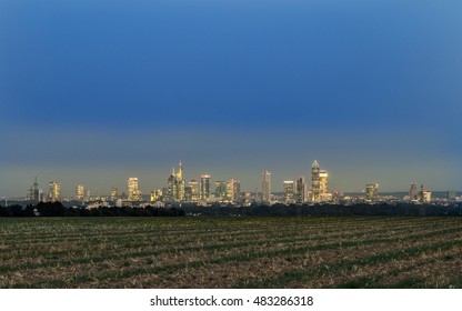 View Of Frankfurt Skyline With Fields By Night