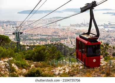 View of French city Toulon from Mount Faron. Cable car to mount in foreground.