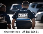 View of a French municipal police officer from behind. On his uniform it is written in French: municipal police.