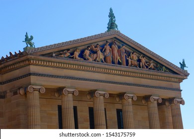 View of the frieze on the facade of the Philadelphia Museum of Art