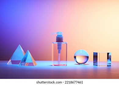 A view front of empty label bottle for cosmetic with transparent geometric shapes.