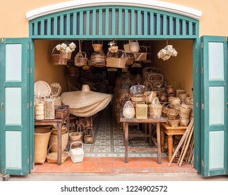 A view in front of an old shop in Thailand. It has all rattan products in Thai culture.