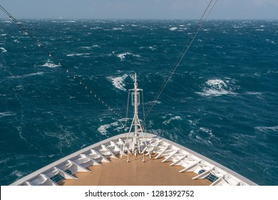 View From Front At The Rough Seas And Waves Forward Of Bow Of Cruise Ship