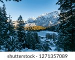 View of the frozen Lautersee and the snowy Alps in Mittenwald