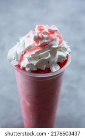 A View Of A Frozen Strawberry Smoothie Beverage.