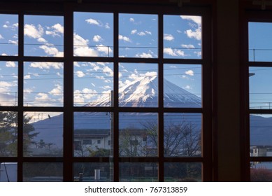 View Of Fuji Mountain With Snow Cap In Window Frame, Yamanshi, Japan, Winter Season, 