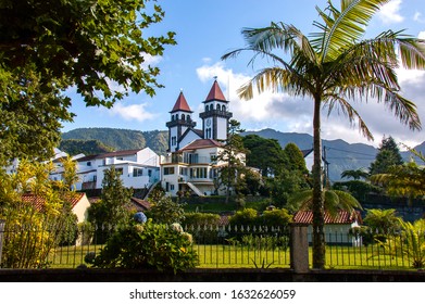 View to the Furnas town and to The Church of Our Lady of Joy (Igreja De Nossa Senhora da Alegria), Sao Miguel island, Azores. 