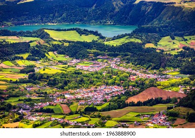 View Of Furnas Village In São Miguel Island, Azores, Portugal. View Of Furnas A Famous Village For Hotsprings Geothermal In São Miguel Island Azores Portugal. 