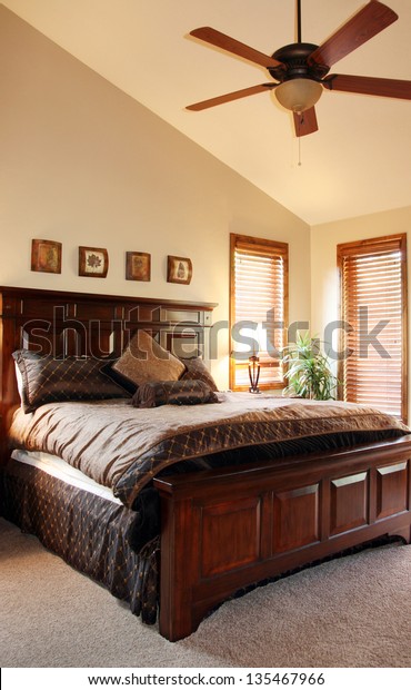 View Furnished Bedroom Vaulted Ceiling Ceiling Stock Photo