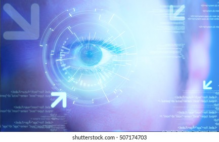 View of a Futuristic technology user interface with an user eye on the background