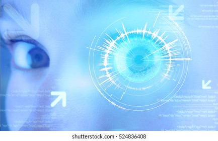 View of a Futuristic technology user interface with an user eye on the background