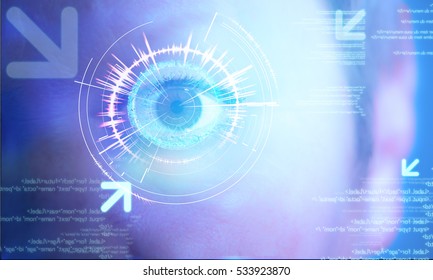 View of a Futuristic technology user interface with an user eye on the background