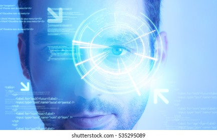 View Of A Futuristic Technology User Interface With An User Eye On The Background