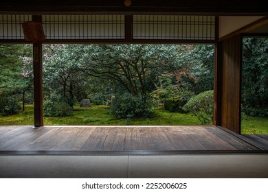 View of garden through window at Jizoin temple, Kyoto, Japan