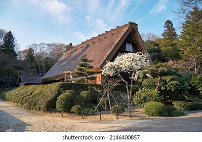 The View Of The Gassho Style House That Has Been Moved From Shirakawa-go To Higashiyama Zoo And Botanical Garden In The Warm Sunset Light. Nagoya. Japan