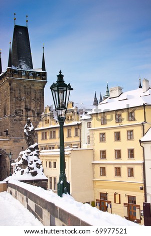 View of the gate at the end of the Charles Bridge in Prague, Czech Republic