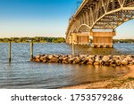 View of George P. Coleman Memorial Bridge from Yorktown Beach in Yorktown, Virginia USA