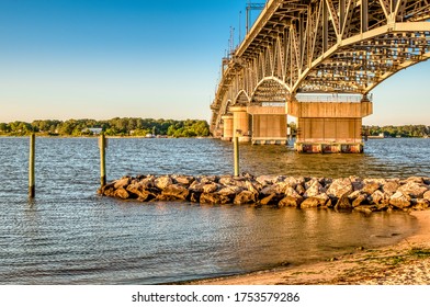 View Of George P. Coleman Memorial Bridge From Yorktown Beach In Yorktown, Virginia USA