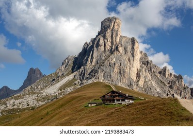 View of Giau Pass with Gusela mount in the Dolomites, Belluno province, Italy