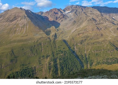 View Of Glacial Suspended Valley, Falgin Valley, With 1850 Small Ice Age Moraines. Vallelunga, Alto Adige - Sudtirol, Italy. Small Ice Age Is The Last Glacial Period In The Alps