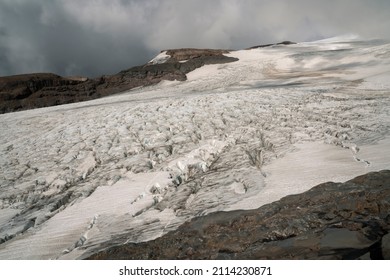 View Of Glacier Castaño Overo In Tronador Mountaintop In Pampa Linda, Patagonia Argentina. Beautiful Ice Field Texture And Color.  