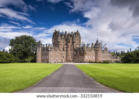 View of Glamis Castle in Scotland, United Kingdom. Glamis Castle is situated beside the village of Glamis in Angus. It is the home of the Countess of Strathmore and Kinghorne, and is open to public.