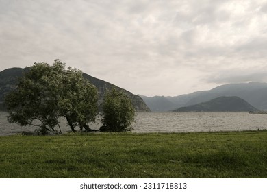 View of a glimpse of Lake Iseo, on the right  the island of Monte Isola. Lakefront of Isola, Lake Iseo - Shutterstock ID 2311718813