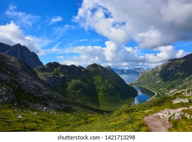 View from Glomtinden at Lofoten Islands, Norway. on the hiking trail