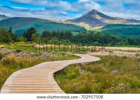 View of the Goat Fell Mountain, Brodick (Breadhaig) the main town on the Isle of Arran in the Firth of Clyde, Scotland.