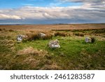 View of The Goatstones looking south, which is a Bronze Age four-poster stone circle above Ravensheugh Crags located in Northumberland National Park, North East England