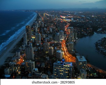 View Of Gold Coast Skyline And Coastline Australia At Night Time