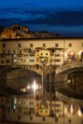 View Of Gold (Ponte Vecchio) Bridge At Night In Florence, Tuscany, Italy