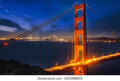 View of Golden Gate Bridge from Golden Gate Bridge Vista Point at night, San Francisco, California, United States of America, North America - Powered by Shutterstock