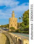 View of Golden Tower or Torre del Oro of Seville, Andalusia in Spain