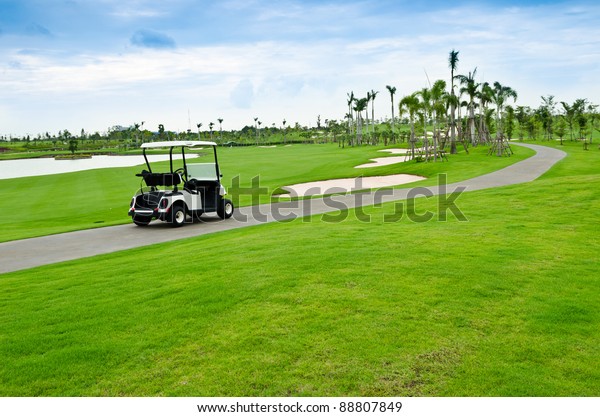view of golf cart\
at golf course, Thailand