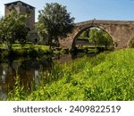 View of the Gothic bridge (15th century), in the town of Ucanha. Protected by a tower at its entrance. Portugal