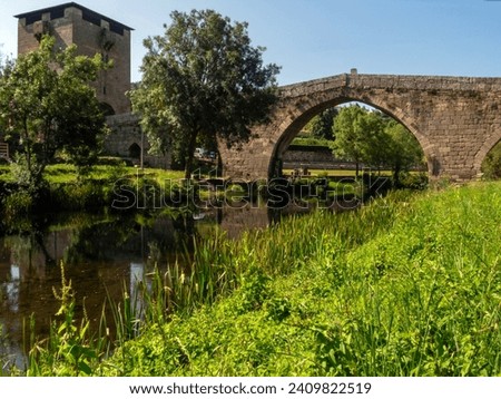 View of the Gothic bridge (15th century), in the town of Ucanha. Protected by a tower at its entrance. Portugal