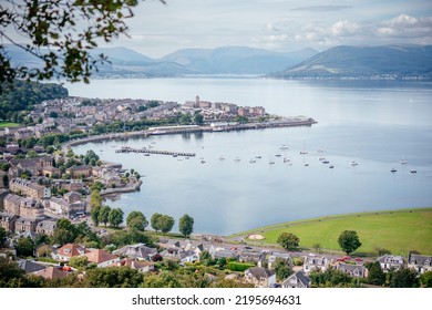 A view of Gourock and Gourock Bay on the Firth of Clyde, seen from the viewpoint on Lyle Hill, Greenock, Inverclyde, Scotland.