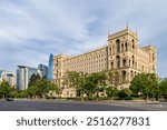 A view of the Government House in Baku, Azerbaijan, with the city skyline in the background of modern buildings including JW Marriott Absheron Hotel