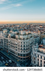 View Of Gran Via From The Circulo De Bellas Artes Rooftop At Sunset, In Madrid, Spain